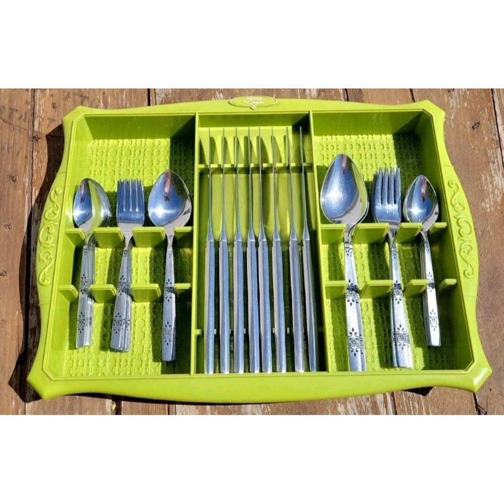 Oneida Orlando Profile Stainless 41-piece Service set w/ tray Green 1960's MCM